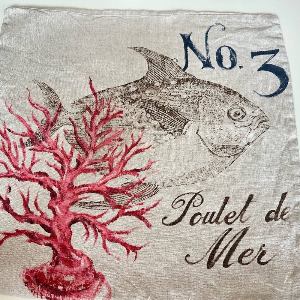 Pottery Barn Marine Fish Print with Red Coral Linen Pillow Cover.